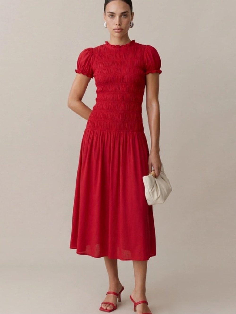 Few Moda O.P.T. Red Smocked Puff-Sleeve Midi Dress